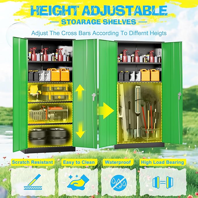 Pataku Metal Storage Cabinet, 72" Garage Cabinet with Doors and Shelves Lockable Steel Multifunctional Cabinets, File Cabinets for Home, Office, Warehouse(Black Green)