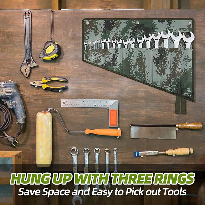 16 Pocket Wrench Roll Organizer, Rolled Tool Pouch Bag with Water Proof Oxford Cloth, Dark Camouflage