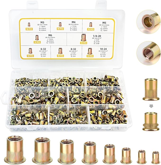 Rivet Nut Tool Kit, 320pcs SAE & Metric Rivet Nut Assortment Kit (M3-M6, #6-32, #8-32, #10-24 and 1/4-20), Carbon Steel Flat Head Threaded Insert for Automotive, Mechanical & Equipment Repairs