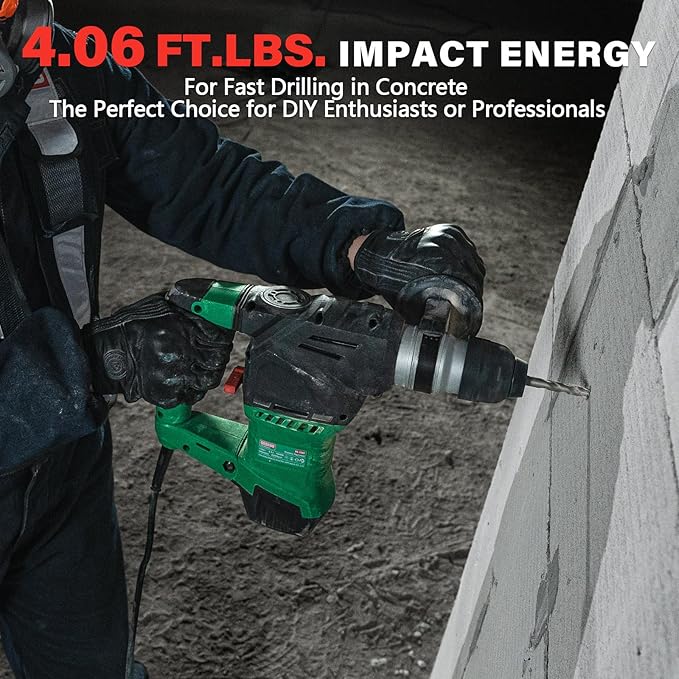 1-1/4" SDS-Plus Rotary Hammer Drill, 12.5 Amp 3 Functions Corded Vibration Control Rotomartillo with Safety Clutch for Concrete, Includes 3 Drill Bits, 2 Chisels, Carrying Case