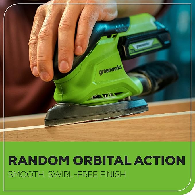 Greenworks 24V Cordless Mouse Detail Sander, Wood Sander with 11,000 OPM, Removable Dust Collection Bag, 2Ah Battery & Charger