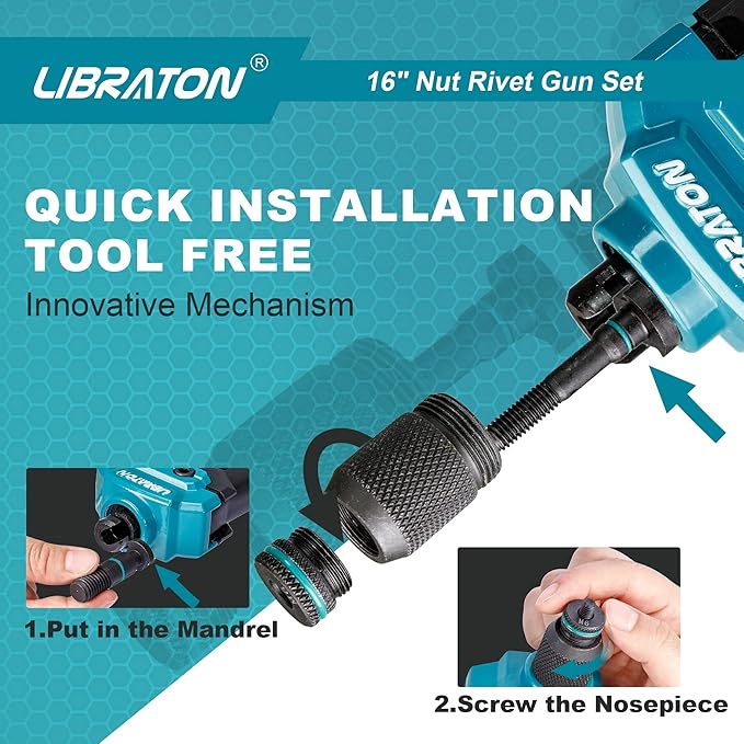 LIBRATON 16" Rivet Nut Tool, Rivet Nut Gun, Hand Rivet Nut Setter with 110PCS Rivet Nuts, 11PCS Metric & SAE Interchangeable Mandrels and Carrying Case, Easy Replace