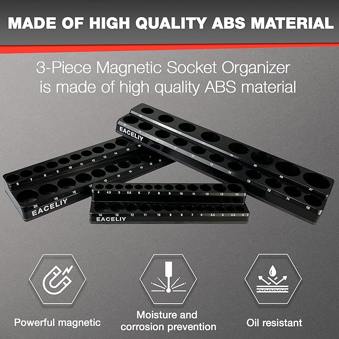 3Pcs 1/2", 1/4" and 3/8" Magnetic Socket Organizer Set,Metric Socket Holder Kit, Socket Trays，holds 75 Deep and Shallow 3/8" Sockets(sockets not included)