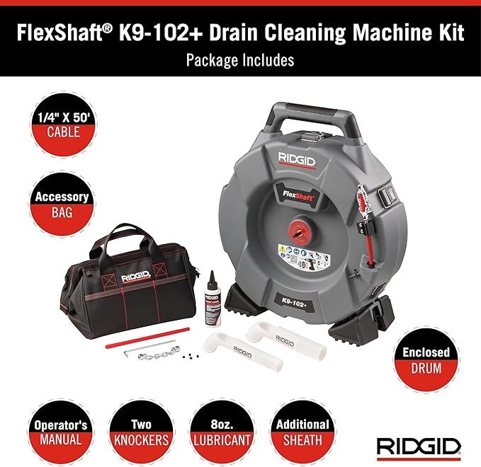 RIDGID 76193 FlexShaft K9-102+ Drain Cleaning Machine for 1 1/4-2" (32-50 mm) Pipes with 50' (15,2 m) 1/4" (6 mm) Cable and Kit