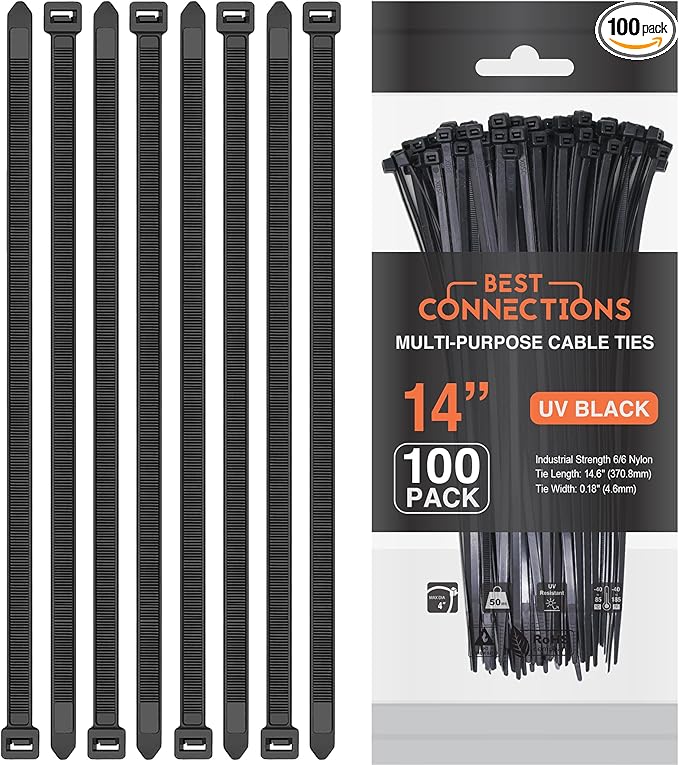 BEST CONNECTIONS Black Cable Ties – 100 Pcs Cable Zip Ties 14 Inch – Multi-Purpose Self-Locking Nylon Wire Ties with 120 Lbs Tensile Strength – Cable Management Ties for Outdoor & Indoor