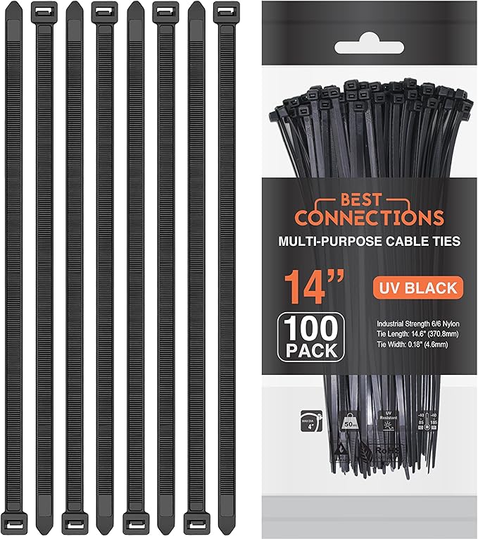 BEST CONNECTIONS Black Cable Ties – 1,500 Pcs Cable Zip Ties 14 Inch – Multi-Purpose Self-Locking Nylon Wire Ties with 120 Lbs Tensile Strength – Cable Management Ties for Outdoor & Indoor
