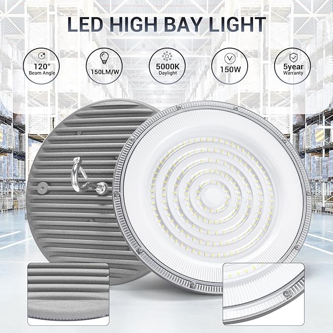 15 Pack 150W UFO Led High Bay Light,120VAC,21050LM 5000K Daylight Area Lighting,IP66 Waterproof 650W MH/HPS with Plug Commercial Bay Lighting for Warehouse/Shop/Workshop/Barn/Gym/Factory
