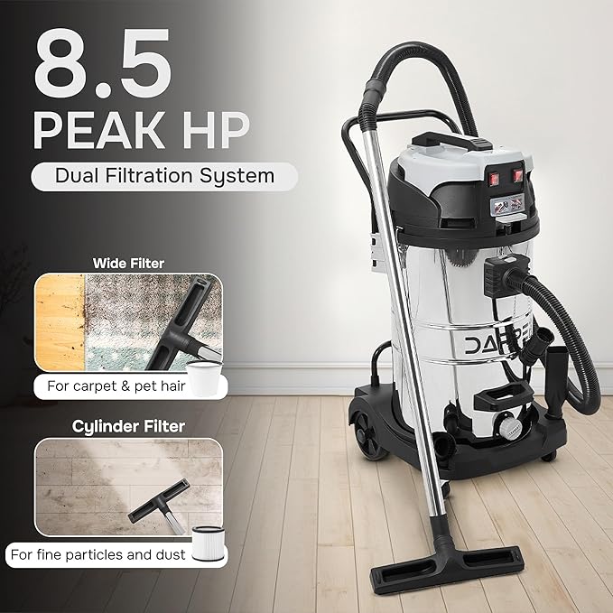 21 Gallon 8.5 Peak HP Wet/Dry Vacuum, Stainless Steel Tank, 2 in 1 Function Portable Shop Vacuum with Attachments, Built-in Drain Ideal for Jobsite, Garage & Workshop.
