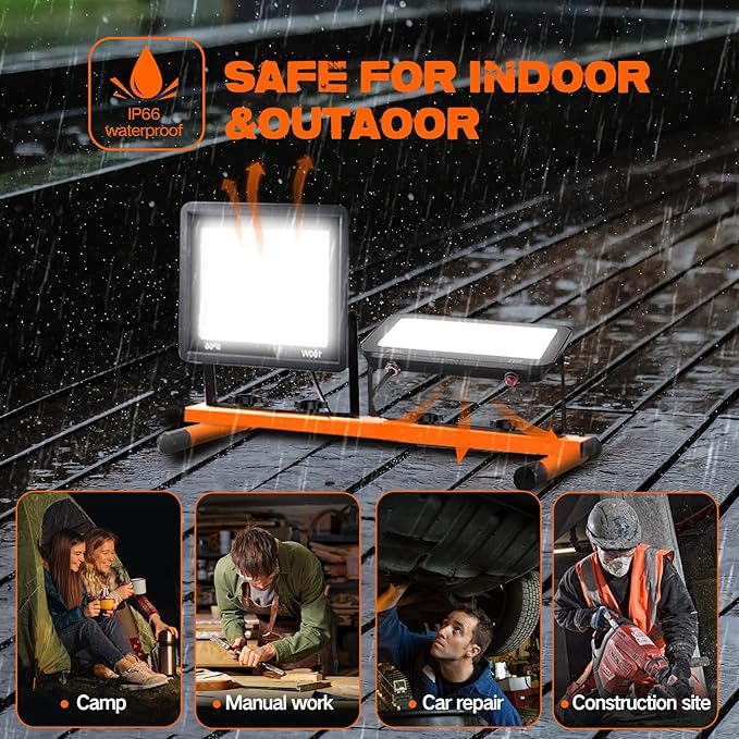 21000 Lumen Work Lights with Stand, 3 Adjustable Head LED Work Light, with Adjustable and Foldable Tripod Stand, Waterproof Lamp with Individual Switch with 6500 Kelvin Color (2-Head-Orange)