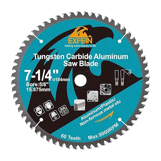 7-1/4 Inch 60 Teeth Aluminum and Non-Ferrous Metal Cutting Circular Saw Blade with 5/8 Inch Arbor, TCG Carbide Saw Blade for Metal & Plastic Cutting