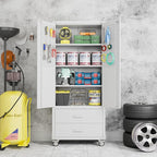 Aobabo 2 Large Drawer Metal Storage Cabinet with Wheels, Lockable Steel Storage Cabinet with 3 Adjustable Shelves with 6 Hooks for Home, Office, Garage, Classroom, White, Assembly Required