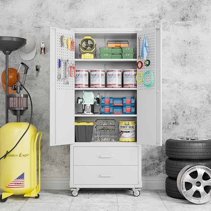 Aobabo 2 Large Drawer Metal Storage Cabinet with Wheels, Lockable Steel Storage Cabinet with 3 Adjustable Shelves with 6 Hooks for Home, Office, Garage, Classroom, White, Assembly Required