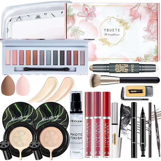 Makeup Kit Set for Women, Makeup Present for Women Teen Girl, Eyeshadow CC Cream Foundation Face Primer, Makeup Brush Sponge, Lipstick, Eyebrow Soap Pencil Mascara Eyeliner Cosmetic bag-VeraVaultWomen