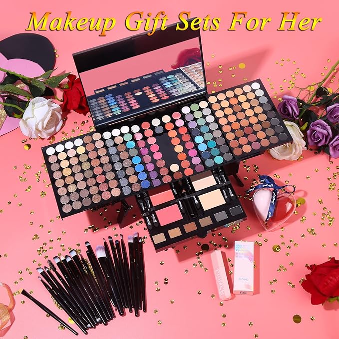 Makeup Gift Sets For Women - 190 Colors Makeup Palette Include Eyeshadow, Blushes, Eyebrow Powder,Eye Pencil,Mirror+20Pcs Makeup Brushes+Eyeshadow Primer+2Pcs Sponge Puff Make Up Set (Makeup Set A)-VeraVaultWomen