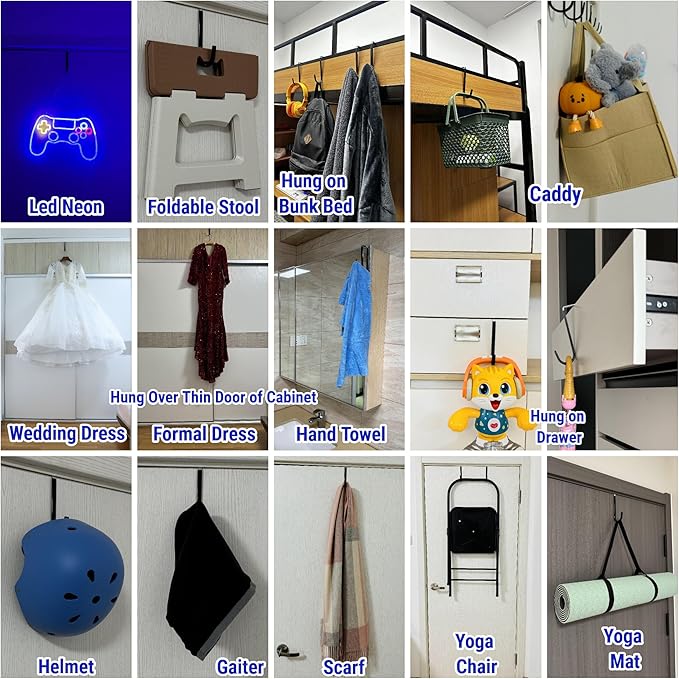 Over The Door Metal Hooks with Plastic Coating 5.5" Fit 0.5" to 1 3/8" Door 4 Pcs Heavy Duty Single Towel Robe Rack Wreath Bathroom Shower Hanger Shoe Organizer Ironing Board Short Black