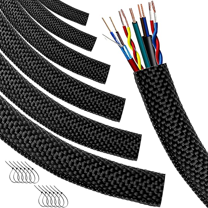 Automotive Wire Loom High Temperature Braided Wire Loom, Split-Sleeve Heat Resistant Wiring Loom Cord Cover for Harness Wires, Self-Wrapping Heavy Duty Sheathing Cable Management Black（10ft-1inch ）