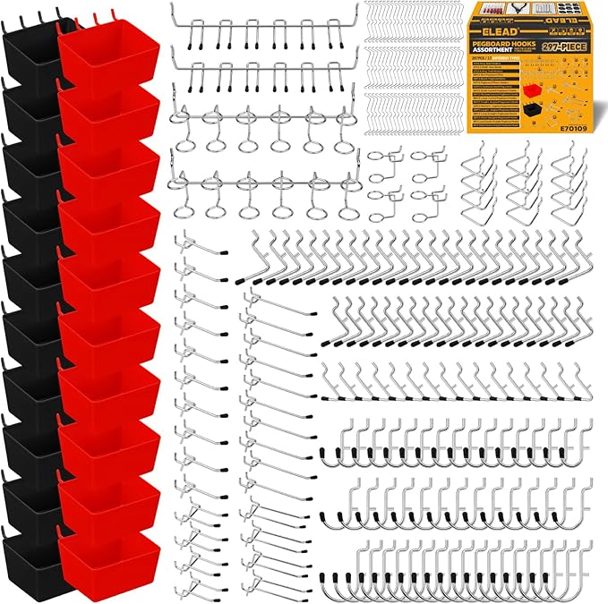 ELEAD 297 Piece Pegboard Hooks Kit, Peg Board Organizer Accessories with Bins for Organizing Various Tools, Fit 1/8 or 1/4 inch Pegboard for Hanging Storage, Garage Kitchen Bathroom Craft Room