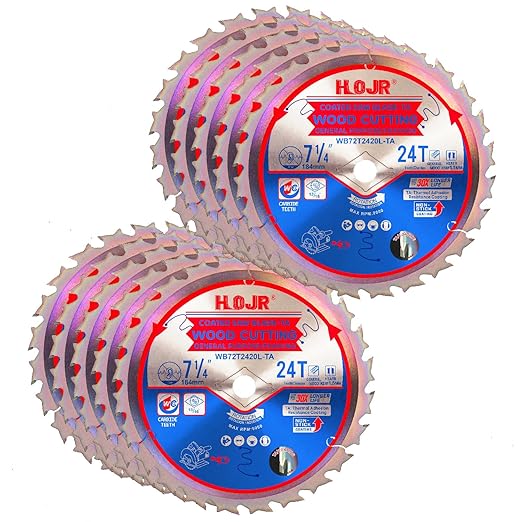 HOJR's 10-Piece Blade Set Features a Special Heat-Resistant Non-Stick Coating for Durability. Thin and Sharp, Suitable for framing and Ordinary Wood. W7-1/4 24-Tooth 5/8-inch - TA