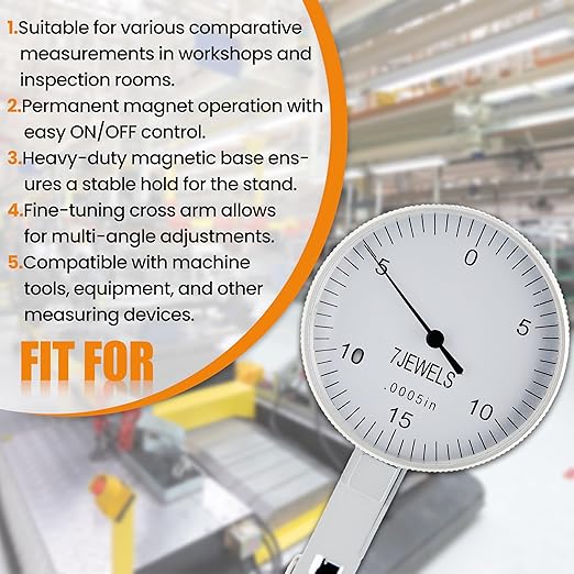 0.0005" Dial Indicator Brass Test Indicator with 7 Jewels Bearings Accuracy 0.0004 Big Face Imperial Dial Indicator for Machinist Engineer Inspection Measurement (Model 201-0066)