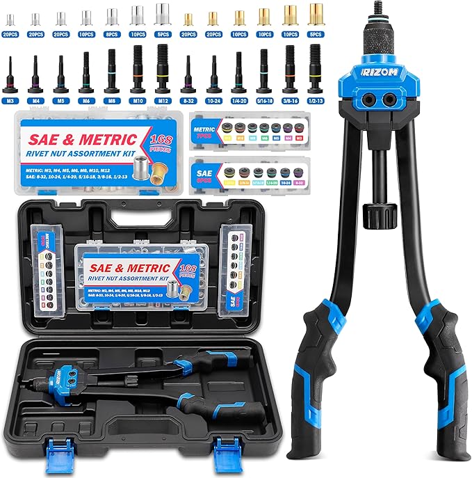 Rizom Rivet Nut Tool, 16” Rivnut Tool Kit with 13 Metric and SAE Mandrels, Threaded Nutsert Tool, 168PCS Rivet Nut Assortment Kit in Organized Carrying Case