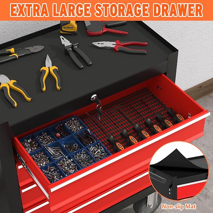 5 Drawers Rolling Tool Chest, Large Capacity Metal Tool Box with Wheels and Drawers, Tool Storage Cabinet with Keyed Locking, Tool Organizer Box for Garage, Workshop, Warehouse (Black Red)