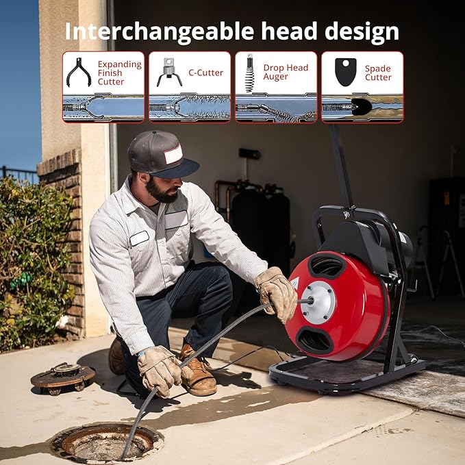 50 FT x 1/2 Inch Drain Cleaner Machine with 250W Motor, Manual Feed Sewer Snake Auger with 4 Cutters & Air-Activated Foot Switch, Semi-Enclosed Drum Drain Cleaning Tool for 2" to 4" Pipes