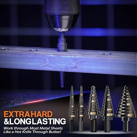 KSEIBI 598240 Industrial Grade Unibit 5-Pieces Step Drill Bits Set 3-Flat Shank, High-Speed Steel Metal Drill Bits Kit Black Oxide M2 for Drilling Stainless Steel, Aluminium, Wood