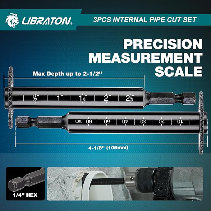 Libraton Inside Pipe Cutter for PVC Pipe, Internal Plastic Cutter Plumbing Tools Set with Deburring Tool, PVC Pipe Cutter Diamond Grit Cutting Wheel for Impact Drivers and Drills, PVC Cutter Tool