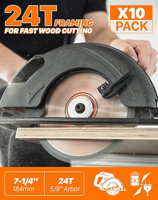 EASEWORK 7-1/4 Inch Circular Saw Blade, 24T, 5/8" Arbor, ATB Carbide Teeth, 10-Pack, Fast Crosscutting for Softwood & Hardwood, Fits SKIL 5280-01, DEWALT DCS570B, DCS577B, DWA171424
