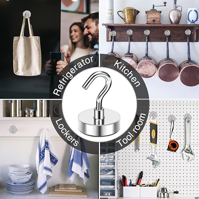 MIKEDE Magnetic Hooks, 80 Lbs Heavy Duty Earth Magnets with Hooks for Cruise Cabin, 10 Pcs Strong Locker Magnetic Hooks for Hanging, Metal Magnetic Hanger for Classroom, Grill, Fridge, Kitchen