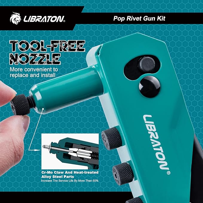 Libraton Rivet Gun Kit, Pop Rivet Gun, Heavy Duty Rivet Tool, Professional Hand Riveter, Manual Riveting Tool with 120 Blind Rivets, 4 HSS Drill Bits, 4 Tool-free Interchangeable Heads
