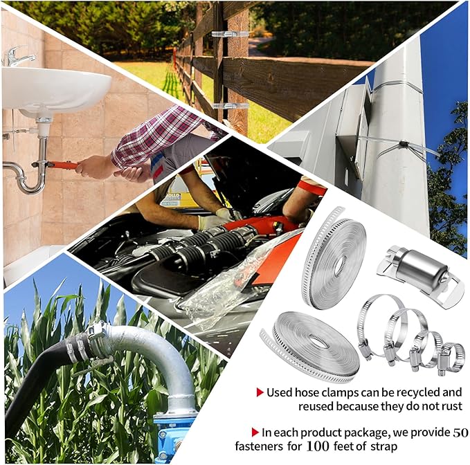 Hose Clamps 100FT Strap+50 Fasteners,DIY Cut-To-Fit 304 Stainless Steel Adjustable Large Worm Gear Band Clamp Assortment Kit,Metal Screw Fasteners and Strapping for Pipe,Duct,Pole,Tube