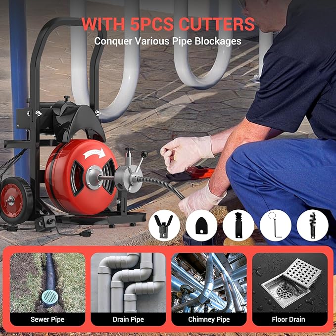 Drain Cleaning Machine 100Ft 1/2 Inch Cable, 450W Auto Feed Portable Electric Sewer Snake, Electric Drain Auger with 6 Cutter Air-Activated Foot Switch for 2" to 4" Pipes