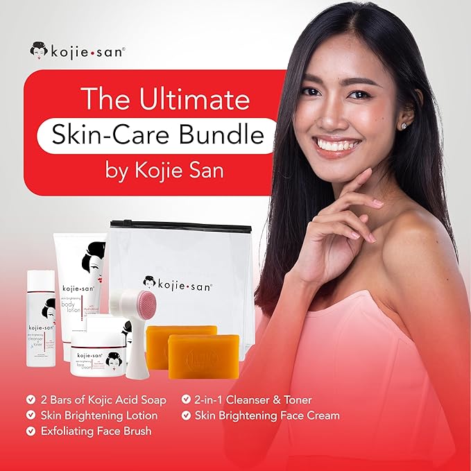 Kojie San Face & Body Complete Brightening Mini Set - 65 Gram x 2 Bars Soap, Body Lotion, Face Cream, and Facial Cleansing Brush-VeraVaultWomen