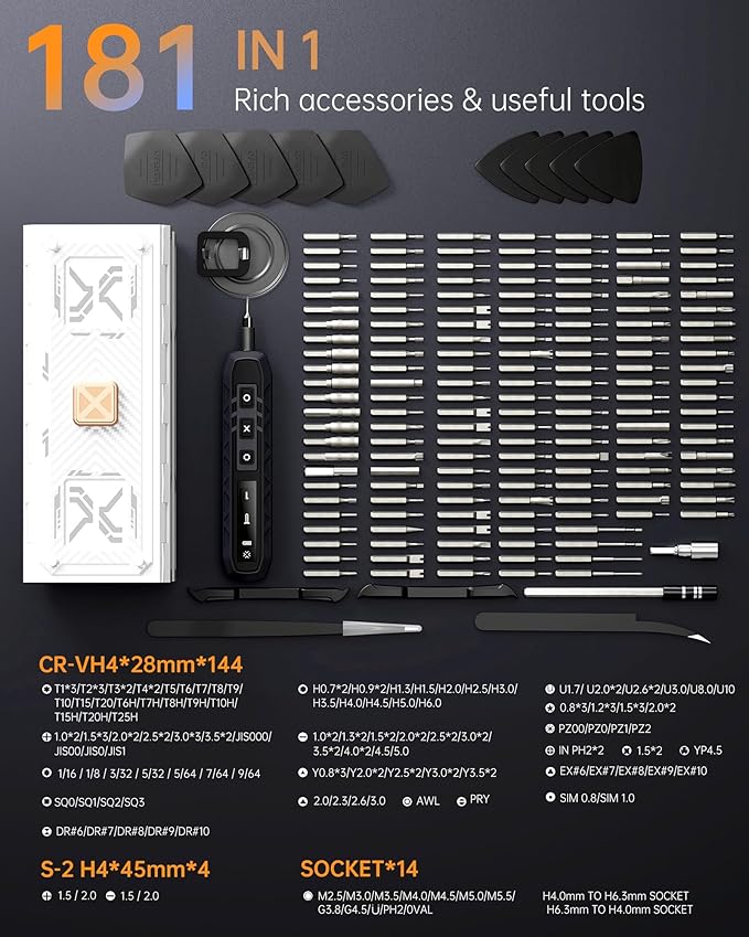Electric Screwdriver Kit, 181 in 1 Mini Precision Screwdriver Set with 162 Magnetic Bits, 3 Torque Settings, 3.7V Cordless Power Screwdriver Repair Tool for Phone Camera Laptop Watch