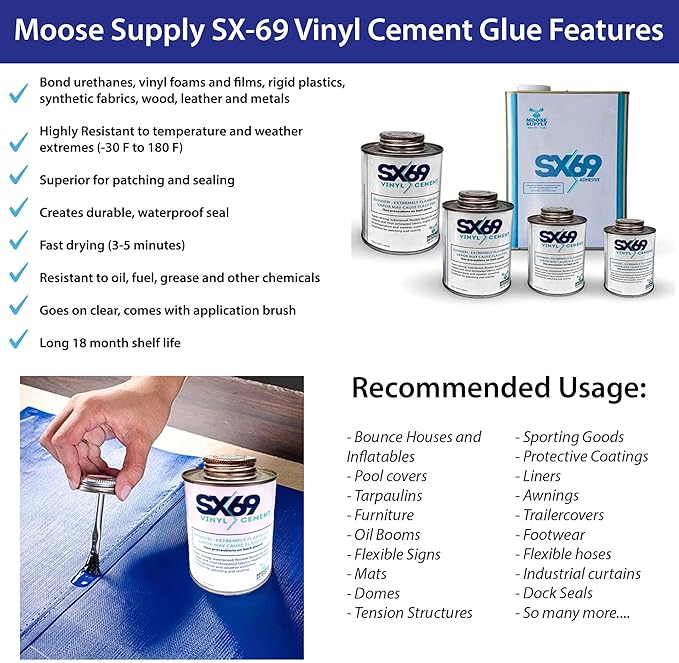 SX 69 Vinyl Repair Kit | Inflatable Bounce House Repair Kit | Includes 8 Ounce Adhesive and Vinyl Roll | for Flexible, Waterproof Repairs of Tears, Punctures, and Holes