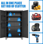 2025 Upgraded Wide & Deep Garage Storage Cabinet with Wheels, Lockable Metal Storage Cabinet with Pegboards and 9 Hooks, 2 Tool Pouches for Garage,4 Adjustable Shelves (Black,43''W x 22''D x 72''H)