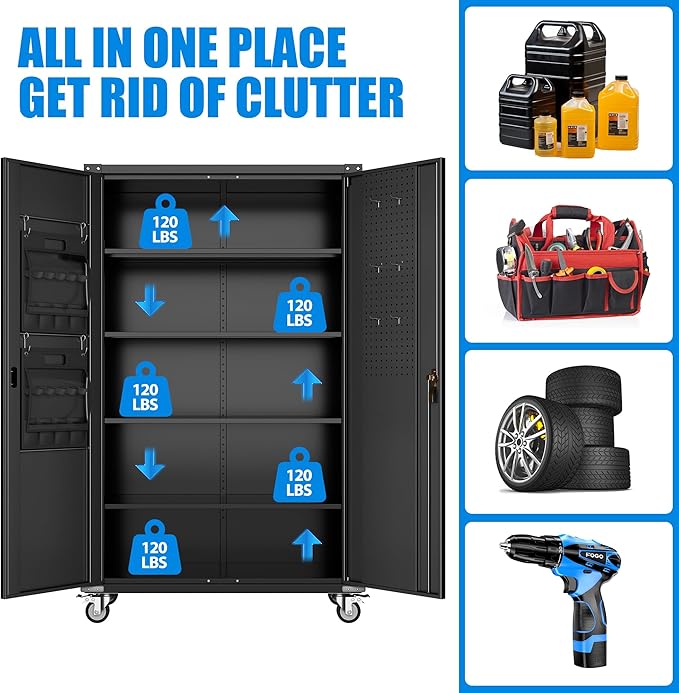 2025 Upgraded Wide & Deep Garage Storage Cabinet with Wheels, Lockable Metal Storage Cabinet with Pegboards and 9 Hooks, 2 Tool Pouches for Garage,4 Adjustable Shelves (Black,43''W x 22''D x 72''H)