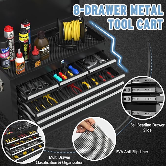 8 Drawer High Capacity Rolling Tool Chest, Metal Tool Box with Wheels and Drawers, Detachable Toolbox with Lock, Heavy Duty Tool Cabinet for Workshop, Warehouse and Garage (Black)