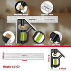 Arrow Combination Square, 6-Inch Combo Square with Stainless Steel Ruler, Zinc Alloy Body and Bubble Level for Carpenters and Craftsmen
