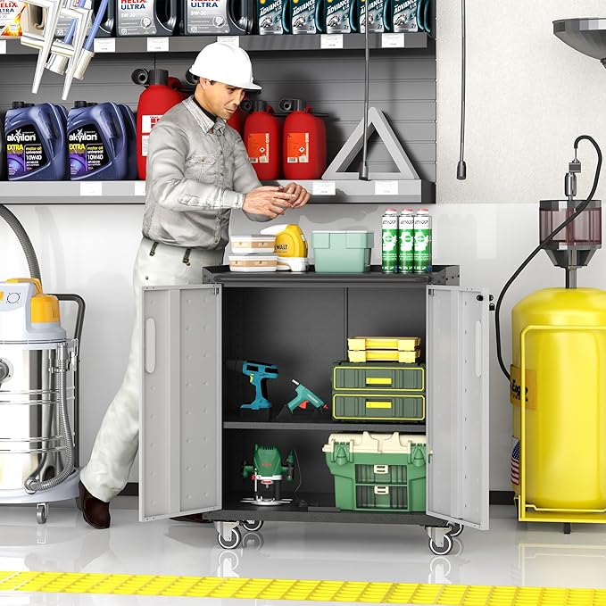 Metal Storage Cabinet with Wheels, Rolling Tool Cabinet with Doors and Shelves, Lockable Garage Storage Cabinet, Assembly Required (Black & Grey)