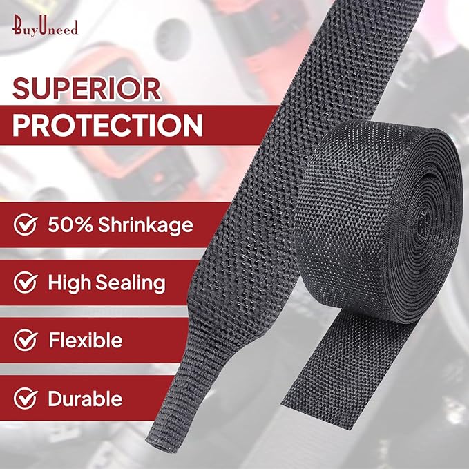 Heat Shrink Wire Loom 2:1 Shrinkable Braided Cable Sleeve 1-3/8 Inch ID-46ft Abrasion Protection Flexibility Fabric Wiring Harness Cover Sheath