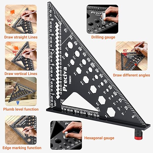 Preciva Carpenter Square 7 inch, 1/16" Precision Rafter Square Aluminum Alloy with Limiter and Pencil, Multi-Purpose Carpenter Tool Measuring Layout Tool for Woodworking and Carpentry