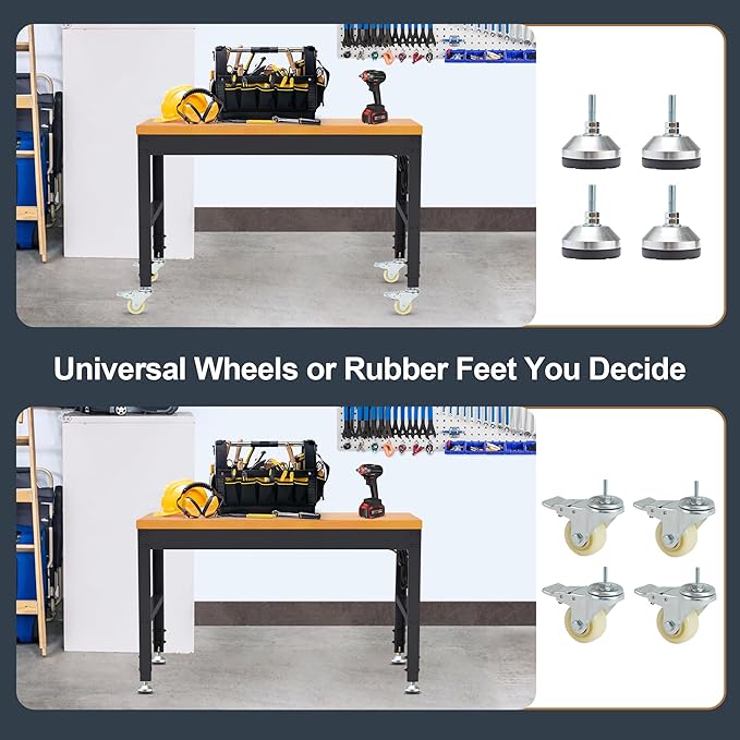 HABUTWAY Height Adjustable Workbench with Wheels 48" x 24" 2000 Lbs Capacity Solid Wood Work Station Heavy-Duty Rolling Work Tables for Garage Party Shop Office