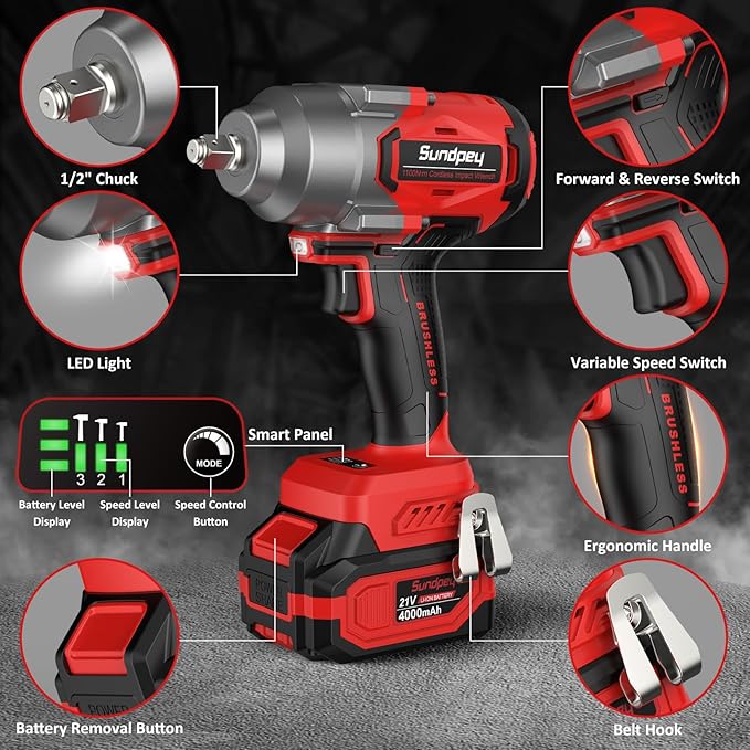 Sundpey Cordless Impact Wrench 812Ft-lbs - 1100N·m Brushless High Torque Impact Gun with 2 * 4.0Ah Battery - 21V Power Impact Driver with 5 Sockets & 9 Drill Bits & 1/2" Hexagonal Adapter for Car Home