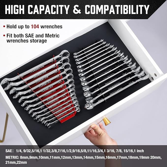 ALOANES 104-Slot Metal Wrench Organizer, Heavy Duty Wrench Organizer Tray for Tool Box, Fit SAE & Metric Wrench Storage, 8 Pack Wrench Holders(Black)