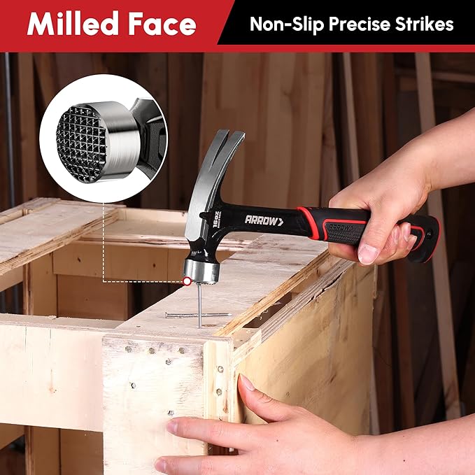 ARROW 16 oz Straight Claw Hammer, Rip Claw Hammer with Side Nail Puller, Milled Face & Shock Absorbing Grip, One-piece Forged Hammer