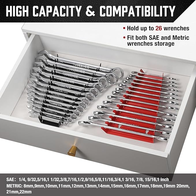 ALOANES 26-Slot Metal Wrench Organizer, Heavy Duty Hanging Wrench Organizer Tray for Tool Box&Wall, Fit SAE & Metric Wrench Storage, 2 Pack Wrench Holders (Red&Black)