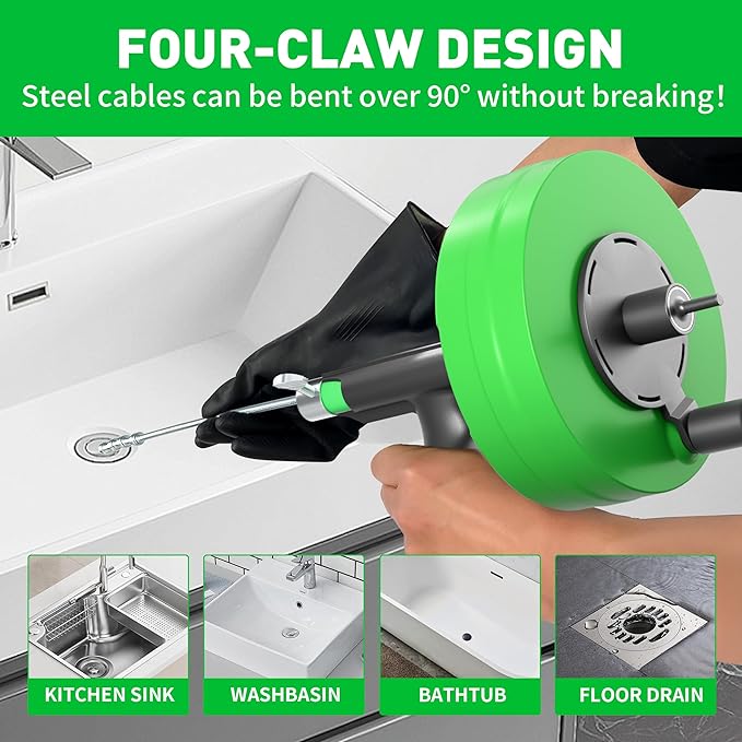 BACOENG 33Ft Drain Auger, Heavy Duty Plumbing Snake with Drill Adapter, Use Manually or Powered for Drain Clog, Shower Sink, Comes with Gloves and Bag (Green)