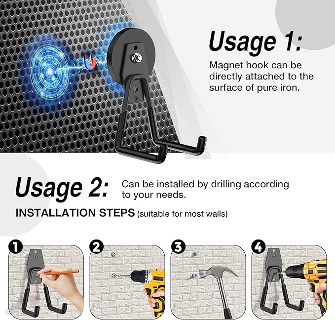 4Pcs Heavy Duty Storage Magnetic Utility Hooks Large Garage Strong Extra Magnet Hooks Hanger with Anti-Slip Coating Heavy Duty Magnetic Hooks for Hanging Power Dril Garage Garden Tools Black
